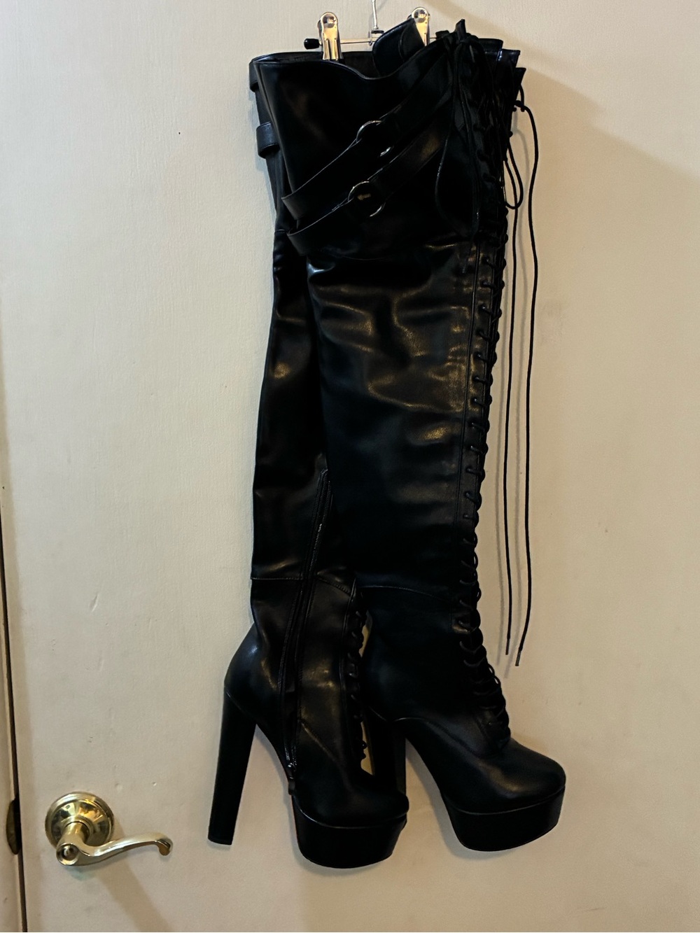 Black Over-The-Knee Lace-Up Platform Boots with Buckle Detail